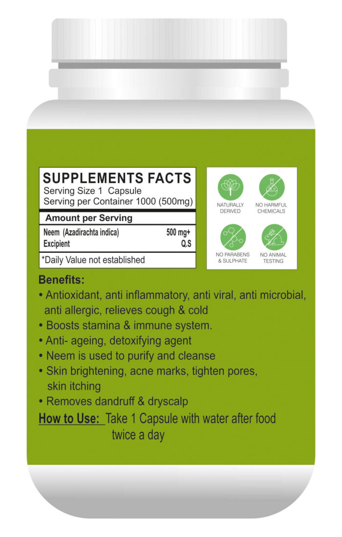 Neem 1000 Capsule (Pack Of 1)|| Helps in regulate blood sugar level & Supports Detoxification