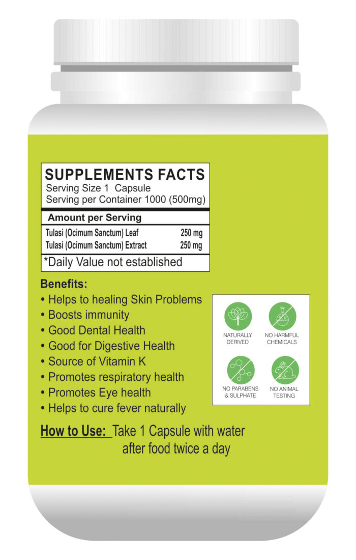 Tulsi Capsules | Holy Basil | Provides relief in Cough & Cold | Natural Immunity Booster | Pack Of 2 (1000 Tablets)
